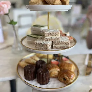 three tiered trays of pastries