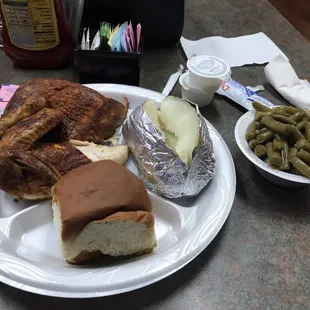 Smoked chicken, green beans, baked potato. YUM!!