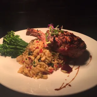 12 pounce Berkshire porkchop with sweet and spicy orzzo and broccoli