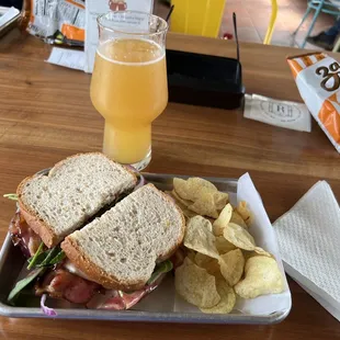 Turkey bacon raspberry walnut sandwich with sea salt kettle chips