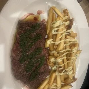 Steak frites with chimmichurri and garlic aoli.