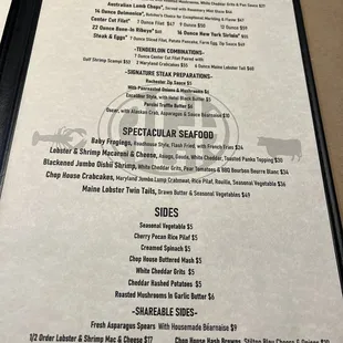 the menu and prices