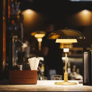 a table with a lamp on it