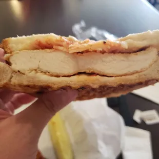 Inside chicken parmesan sandwich