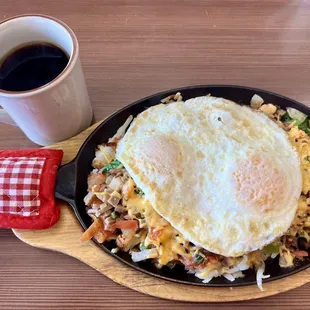 Greek skillet, add spinach and sub cheddar cheese for feta.