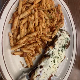 Eggplant Parmesan &amp; Penne Pasta dinner.