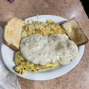 Omelet with sausage gravy on top