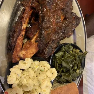 Bbq beef ribs, tuna Mac salad, collard greens, and cornbread