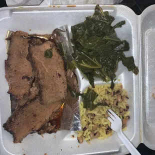 Brisket Platter with black eye peas and collard greens