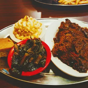 NC Chopped Pork , w/ collard greens , mac &amp; cheese, and corn bread
