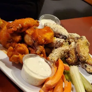 chicken wings, carrots, and celery