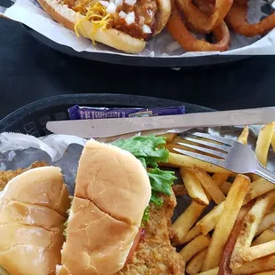 Chili cheese dog and breaded pork tenderloin
