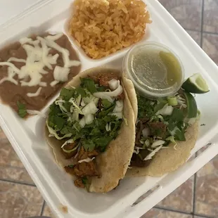 pastor taco asada taco rice and beans