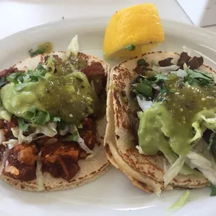 2 Homemade Tortilla Tacos with Adobada and Asada. The tortillas are good and worth waiting for.