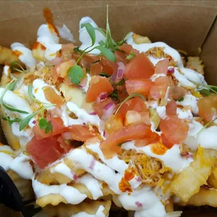 Mosh pit fries with chicken. (added a dash of hot sauce.)