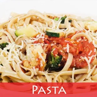 Pasta dishes are served with your choice of soup or side salad and a bread stick.