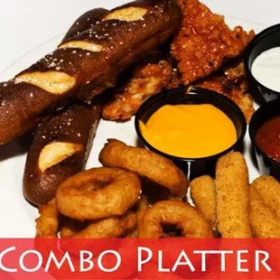 Rockin' Combo Platter: A combination of boneless breaded chicken wings, provolone sticks, pub pretzels and onion rings