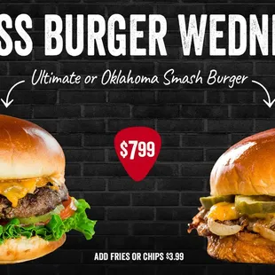 two burgers on a brick wall