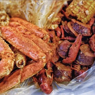 crab legs and corn