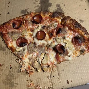 Medium 14&quot; BYO. Note, the small amount of pepperoni randomly scattered, two slices of pepperoni per slice of pizza.