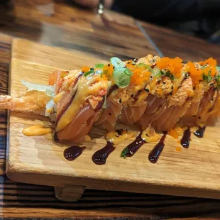 a close up of a roll of sushi