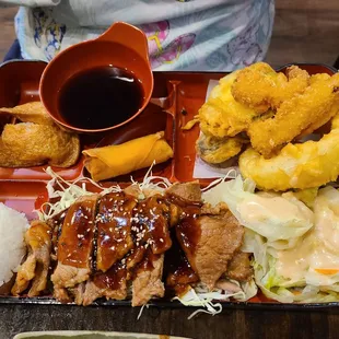 3 item bento - beef teriyaki, inari sushi, and tempura with an egg roll, salad, and rice - 9/2022
