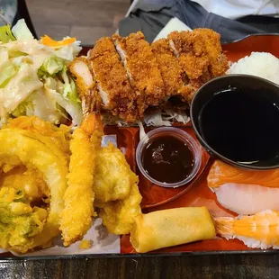 3-item bento - Ton katsu, tempura, nigiri sushi with rice, salad, and egg roll - 9/2022
