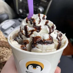 a hand holding a cup of ice cream