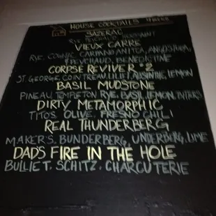 House cocktails list.