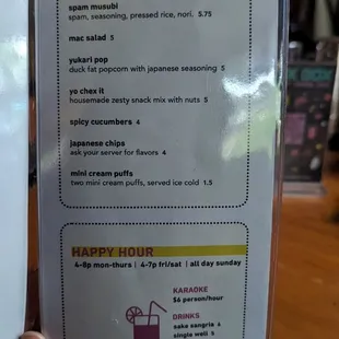 Snack menu and happy hour