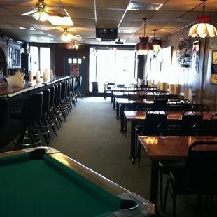 a pool table and bar