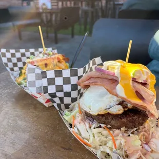 Iron Maiden burger, no bun on a bed of lettuce!