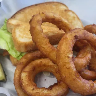 onion rings and a pickle