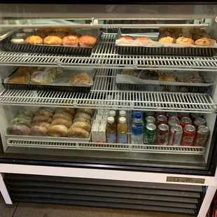 a display case of donuts