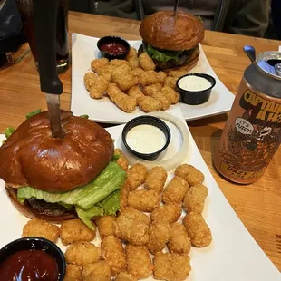 Regular hamburger and tots, and the blue cheese burger and tots