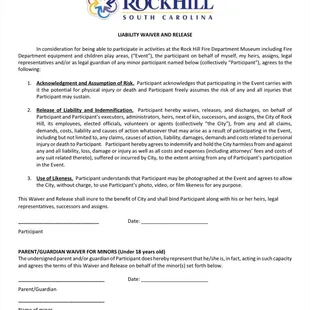 Liability Waiver for each person attending a party.