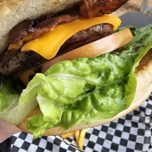 The "Rockhouse Burger" with fries. The patty does not match the bun. Lol. Small.