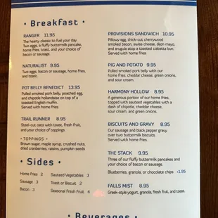 Breakfast menu