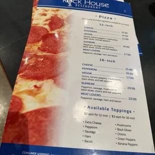 Pizza menu