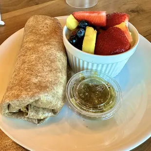 My wife's lovely looking Breakfast Burrito and side of fresh fruit.....not what she wanted for lunch !