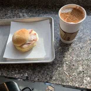 Ham and Swiss Breakfast Sandwich with Chai Latte