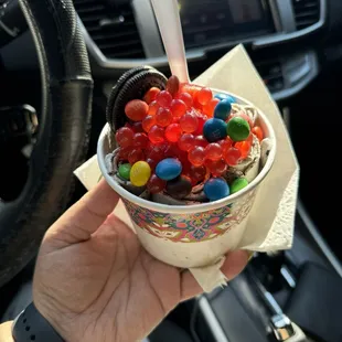 Cookies &amp; Cream with strawberries, strawberry boba &amp; m&amp;m's.