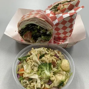 Turkey bacon wrap and ramen slaw.