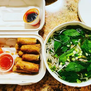 Chicken Spring Rolls and Beef Pho