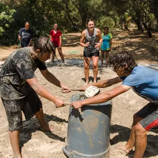 Campers play kajabe-can-can/faceplant at camp