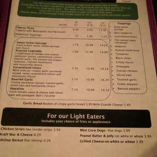 the menu for our light eaters