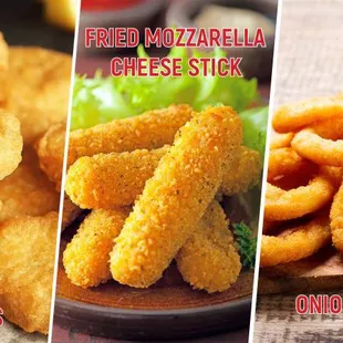Chicken nuggets, fried mozzarella, onion rings