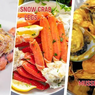 Lobster tail, snow crab leg, mussels