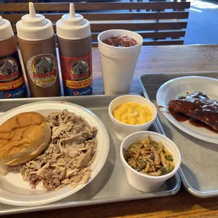 Chopped pork plate, mac n cheese, green bean, sample ribs.
