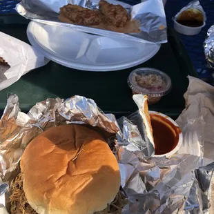 Wings and brisket sandwich